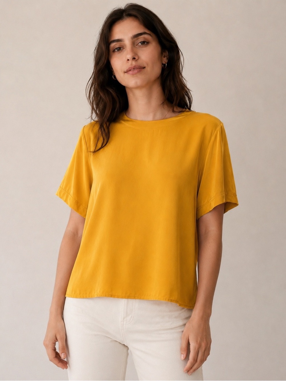 FOR HER Europe 100% Washable Silk Mustard Yellow Top | Size Large
